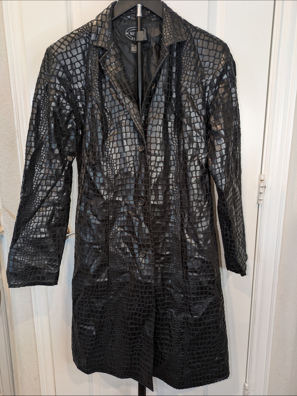 Selene Sport Black Croc Embossed Faux Leather Long Coat Size Small